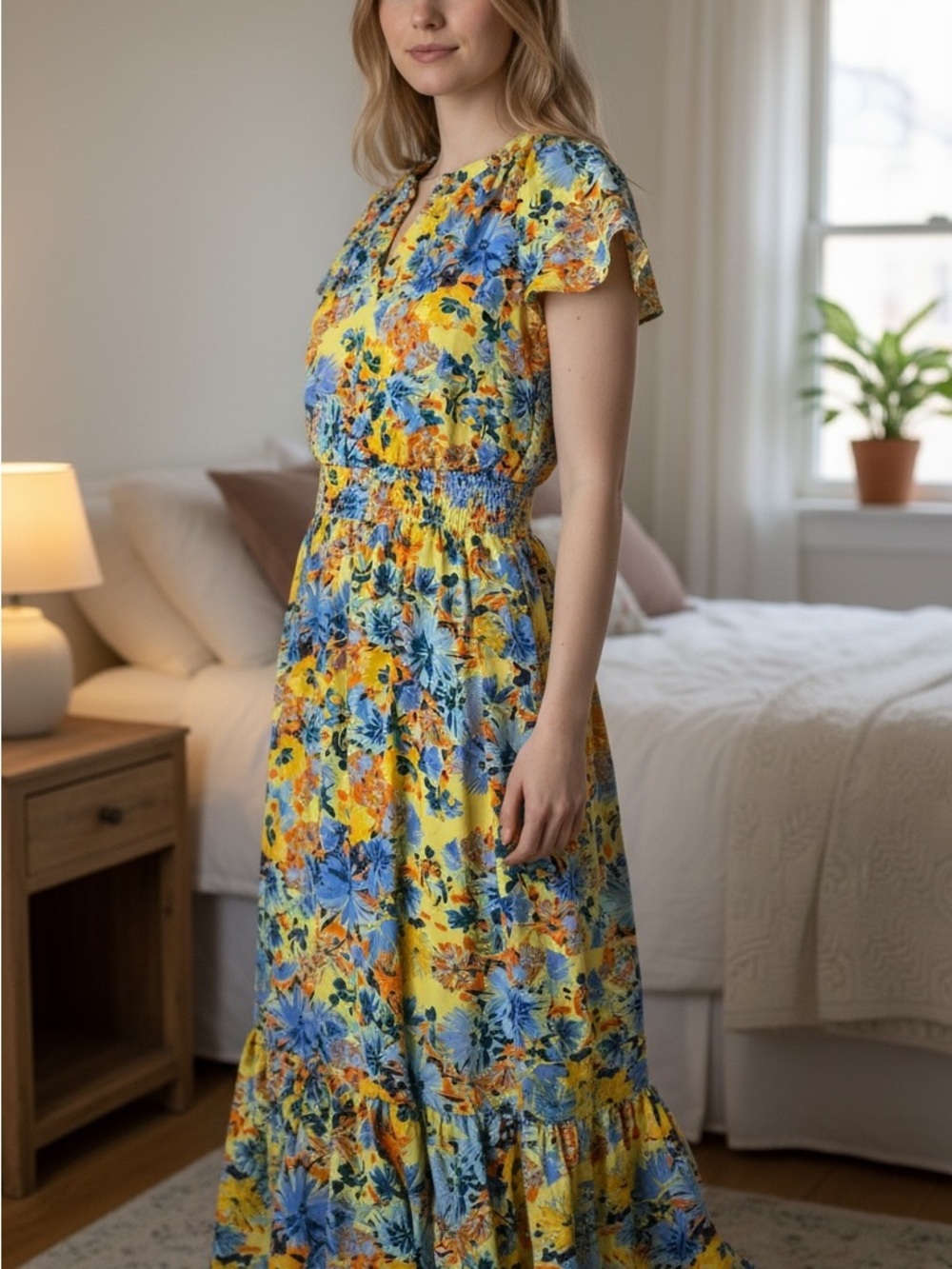 Collective Concepts Yellow Floral Maxi Dress with Blue Accents